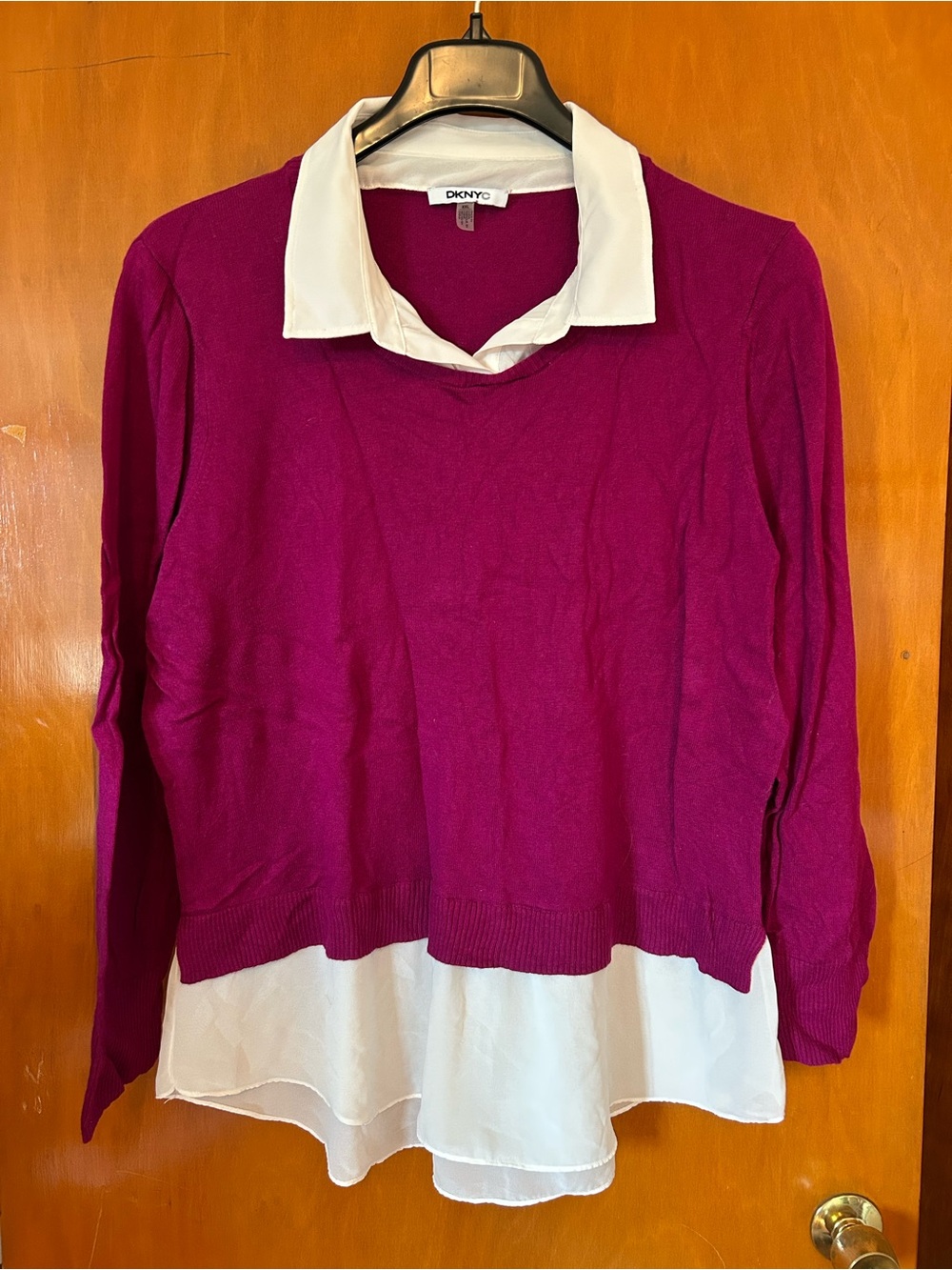 DKNY Layered Look Sweater in Raspberry with White Collar (XXL)
